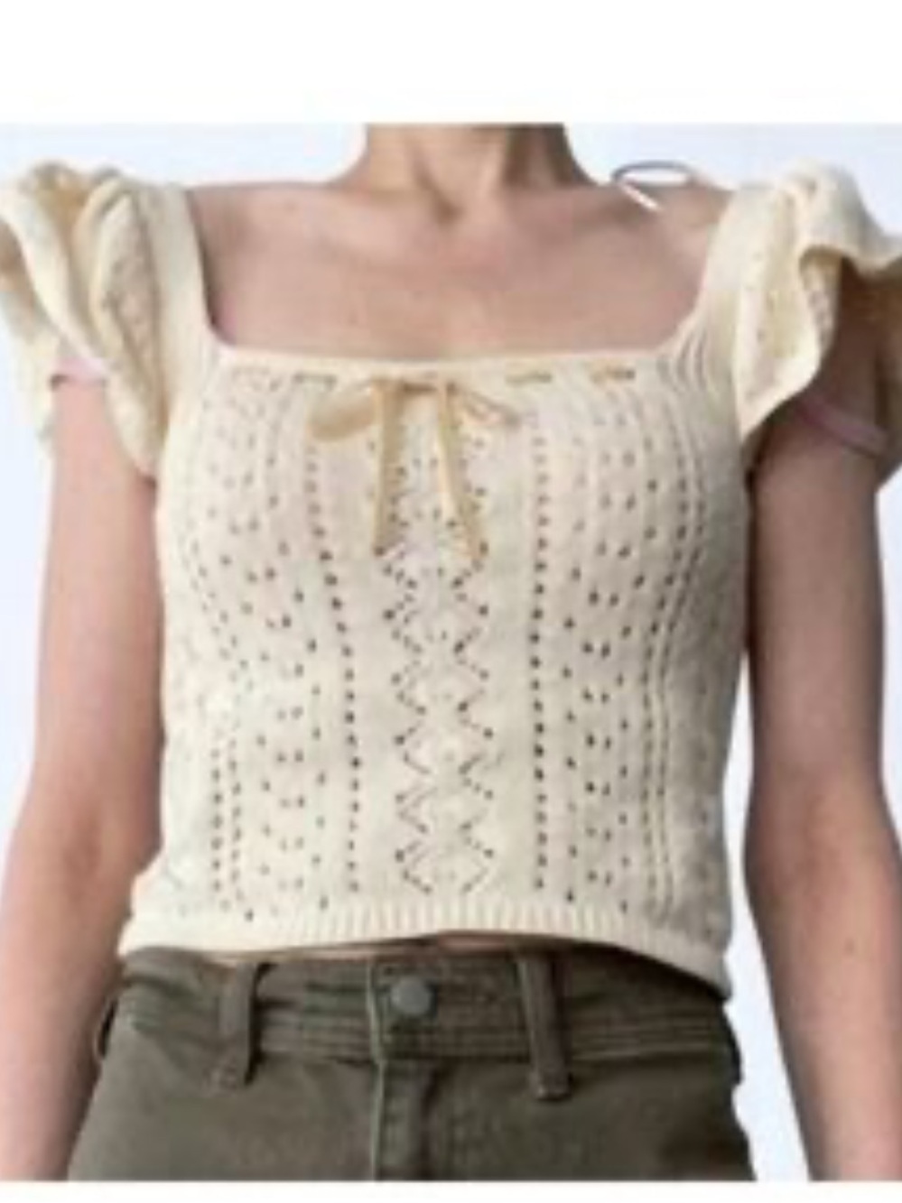 Haute Hippie Cream Openwork V-Neck Knit Sweater